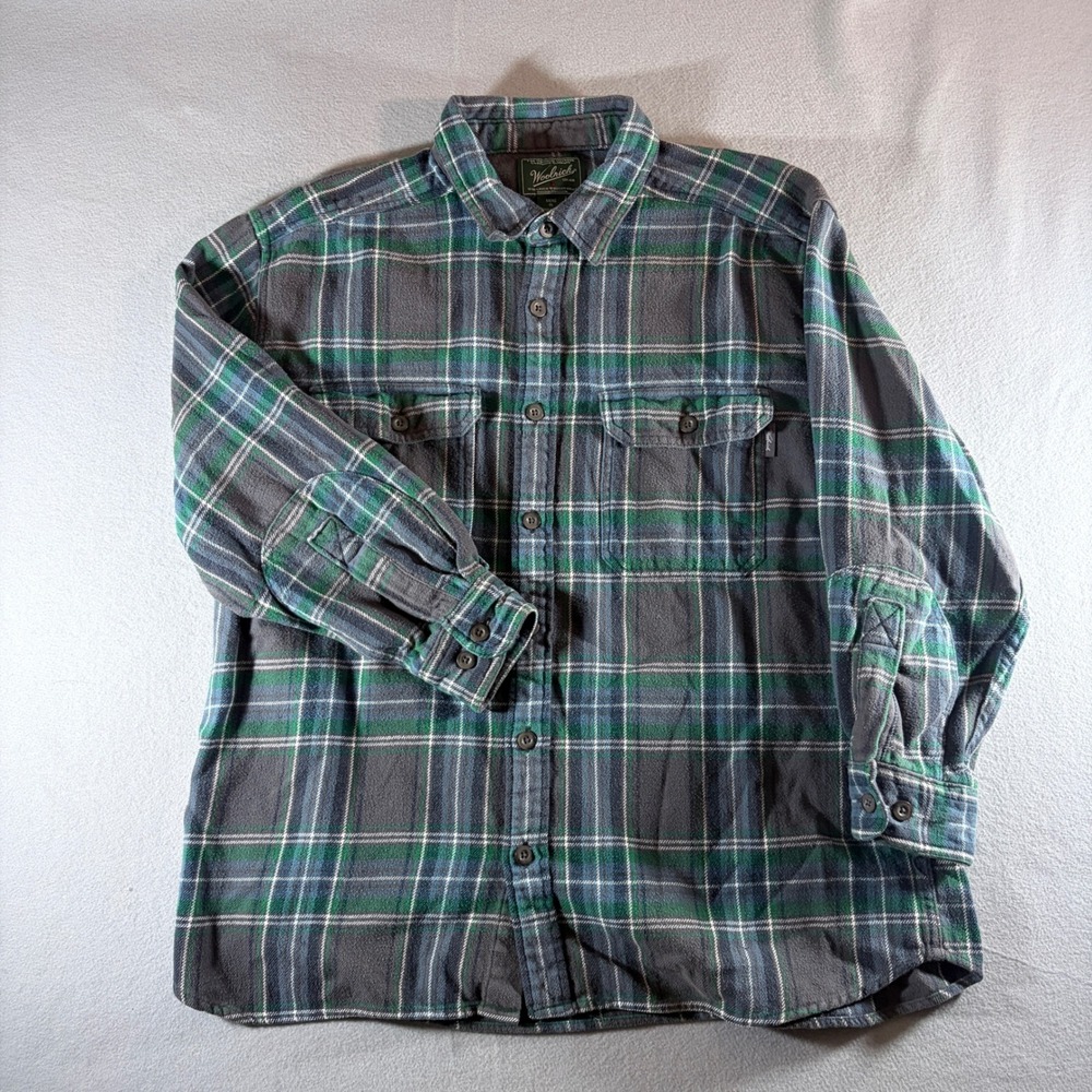 Woolrich Mens XL Green Gray Plaid Flannel Button Down Shirt Long Sleeve Cotton